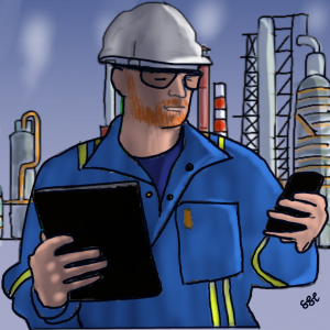 oil site worker holding mobile phone